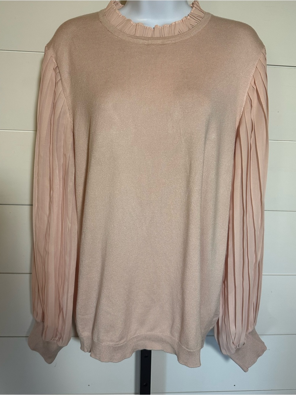 Pleated Sleeve Ruffle Neck Women's Top - Blush Pink